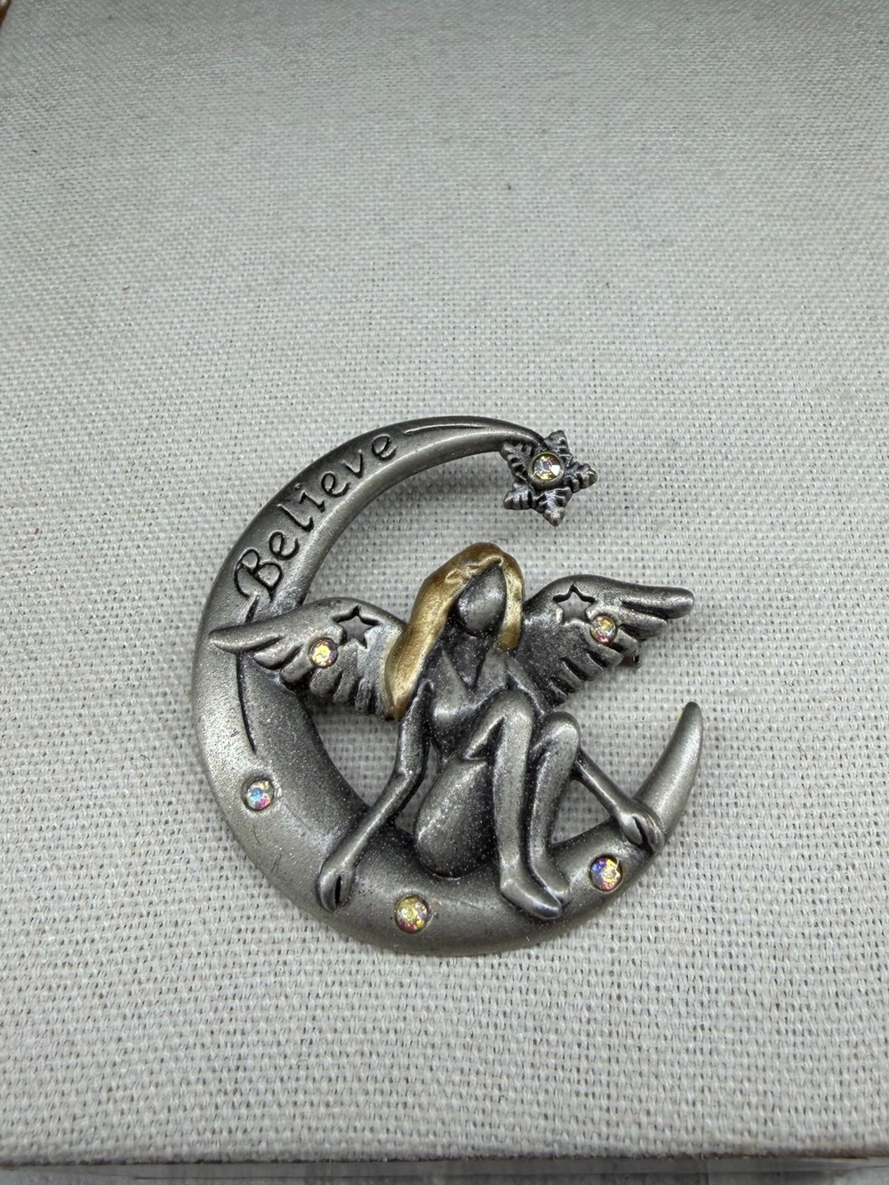 Vintage DD Fairy Brooch Crystal Moon Jewelry